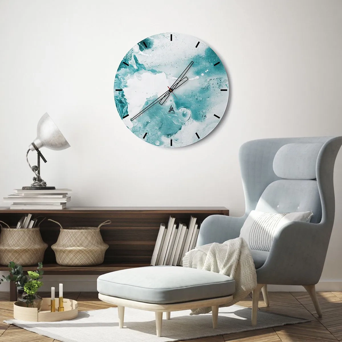 Reloj de pared - Reloj de vidrio - Composición abstracta en tonos turquesa y blanco. - 30x30cm - Remansos de azul - Decoración de pared moderna para salón, cocina y dormitorio ARTTOR