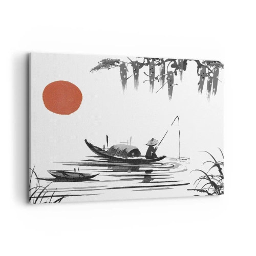 Cuadro sobre lienzo - Impresión de Imagen - Paisaje oriental con un pescador en un barco y un sol rojo. - 100x70cm - Una tarde asiática - Decoración de pared moderna para salón y dormitorio ARTTOR
