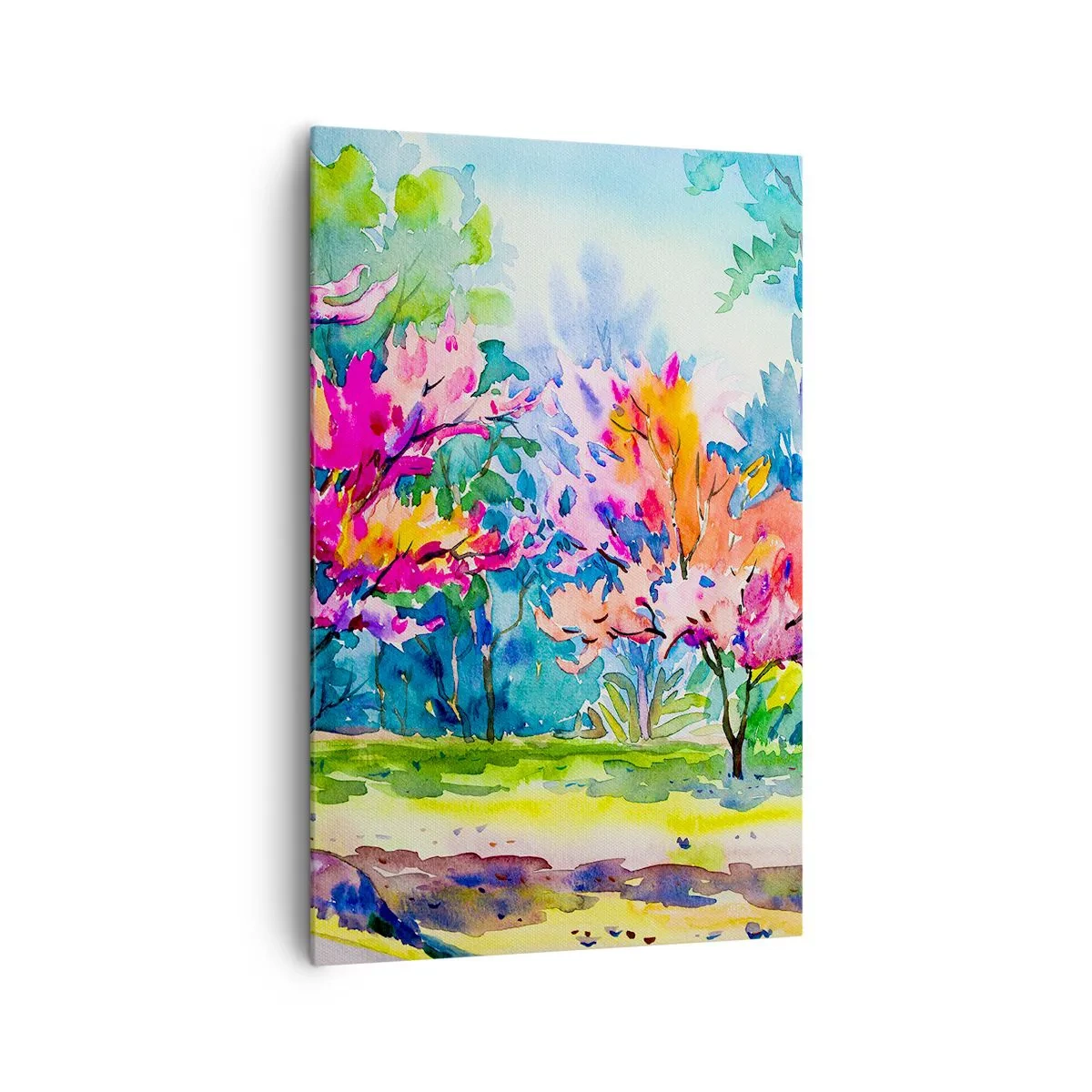 Cuadro sobre lienzo - Impresión de Imagen - Árboles coloridos en un parque en estilo acuarela. - 80x120cm - Un jardín de arco iris en el esplendor de la primavera - Decoración de pared moderna para salón y dormitorio ARTTOR