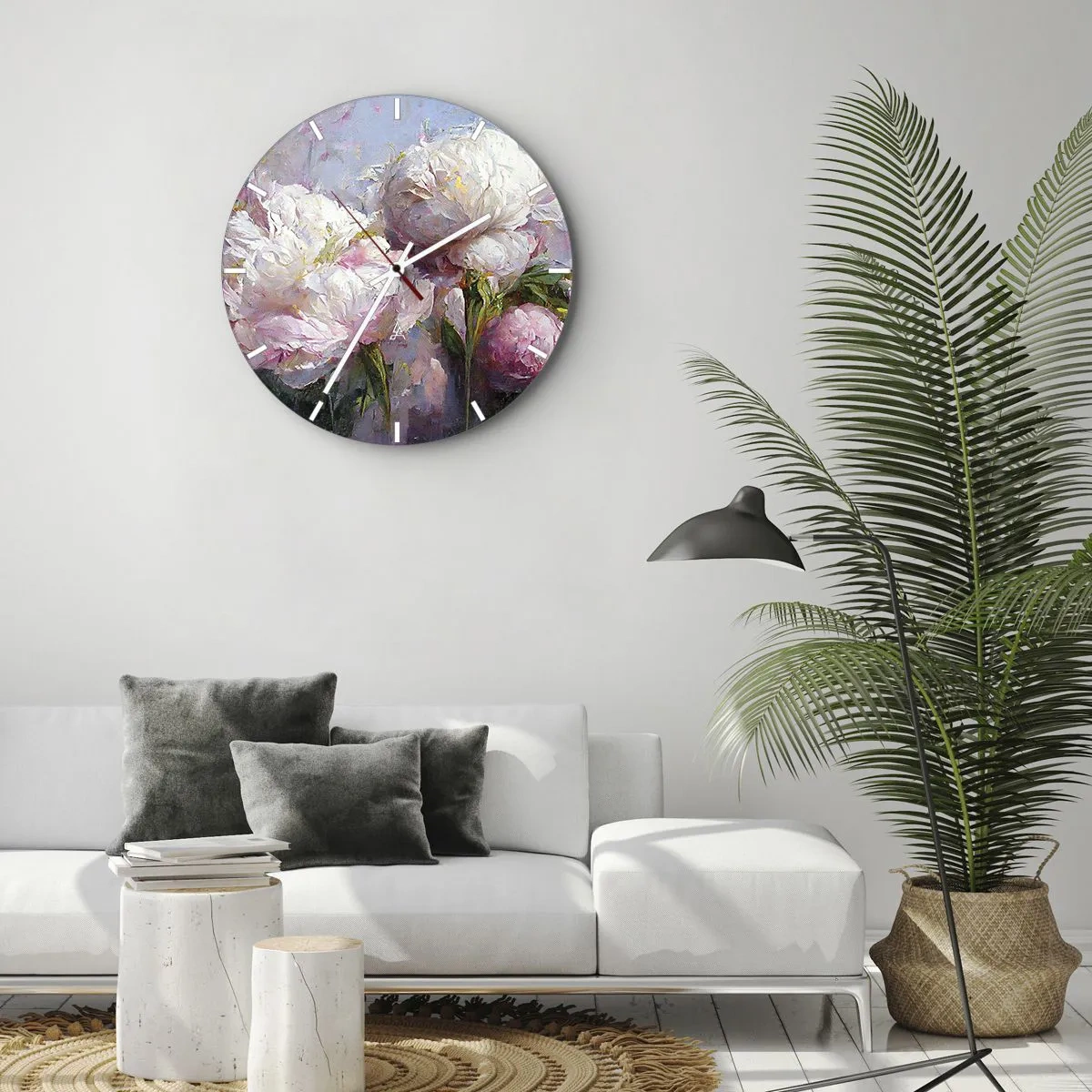 Reloj de pared - Reloj de vidrio - Un ramo de flores blancas y rosas sobre un fondo azul. - 30x30cm - Un ramo rebosante de vida - Decoración de pared moderna para salón, cocina y dormitorio ARTTOR