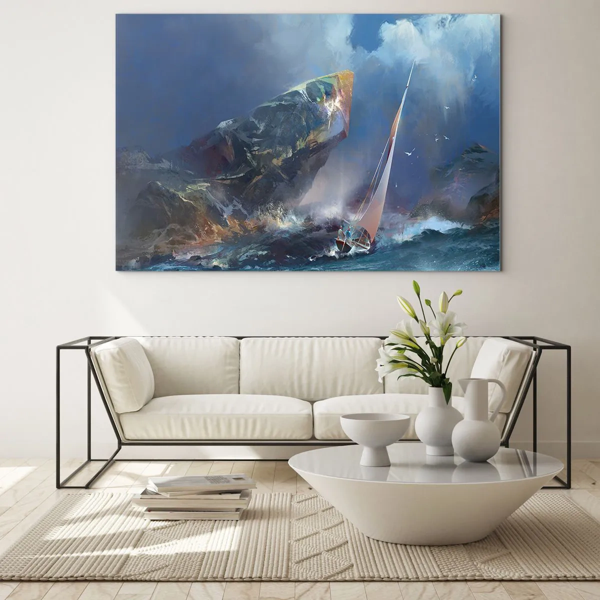 Cuadro sobre vidrio - Impresiones sobre Vidrio - Un velero en una tormenta frente a una costa rocosa - 100x70cm - La gloria es para los valientes - Decoración de pared moderna para salón y dormitorio ARTTOR