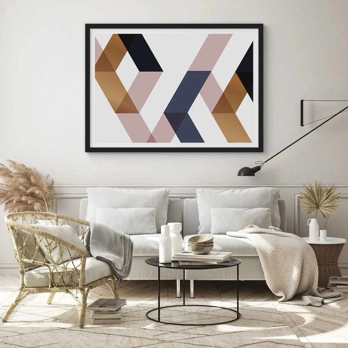 Póster en marco negro - Patrones geométricos en tonos dorados y azul marino. - 70x50cm - Rectas y ángulos - Decoración de pared moderna para salón y dormitorio ARTTOR