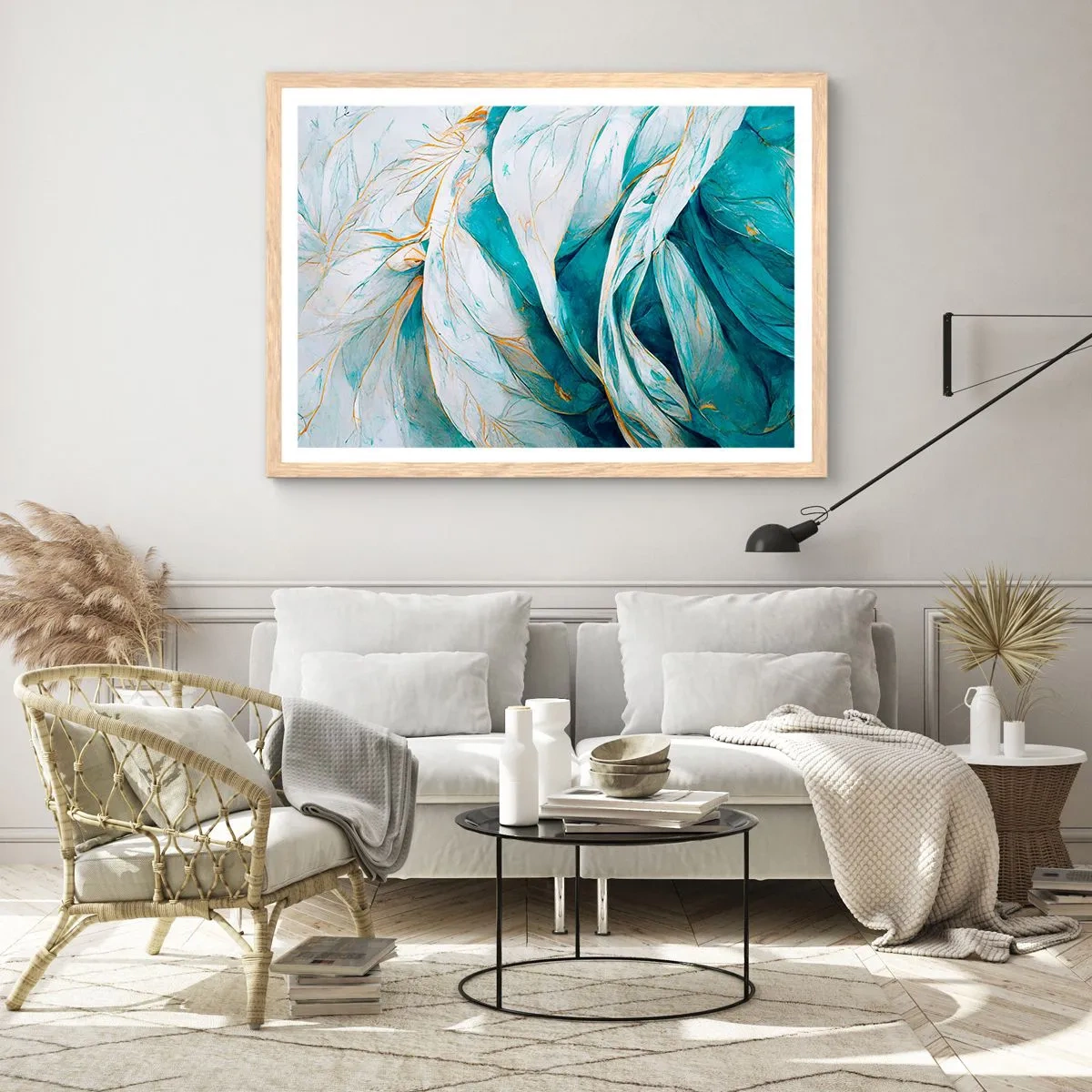 Póster en marco roble claro - Abstracción azul con motivos dorados - 50x40 cm