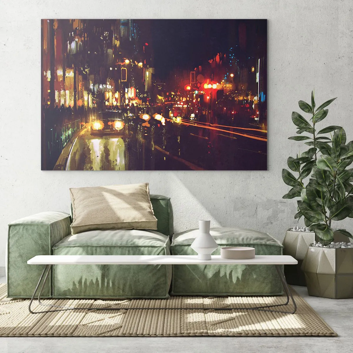 Cuadro sobre vidrio - Impresiones sobre Vidrio - Paisaje nocturno de la ciudad con coches y farolas - 70x50cm - Hundido en la luz de la noche - Decoración de pared moderna para salón y dormitorio ARTTOR