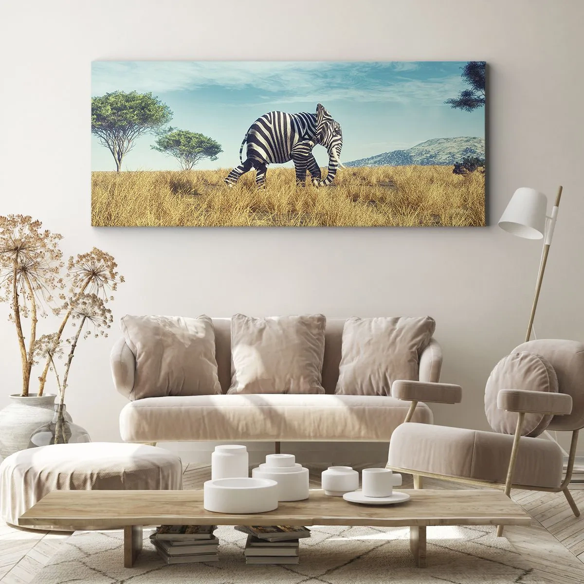 Cuadro sobre lienzo - Impresión de Imagen - Cebra en un paisaje africano - 160x50cm - El gris ya no está de moda - Decoración de pared moderna para salón y dormitorio ARTTOR