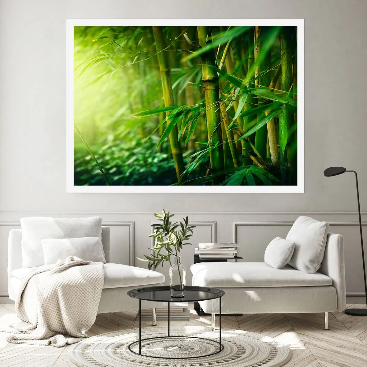 Póster - Bosque de bambú verde bajo una luz suave - 100x70cm - Conocer el propio verdor - Decoración de pared moderna para salón y dormitorio ARTTOR