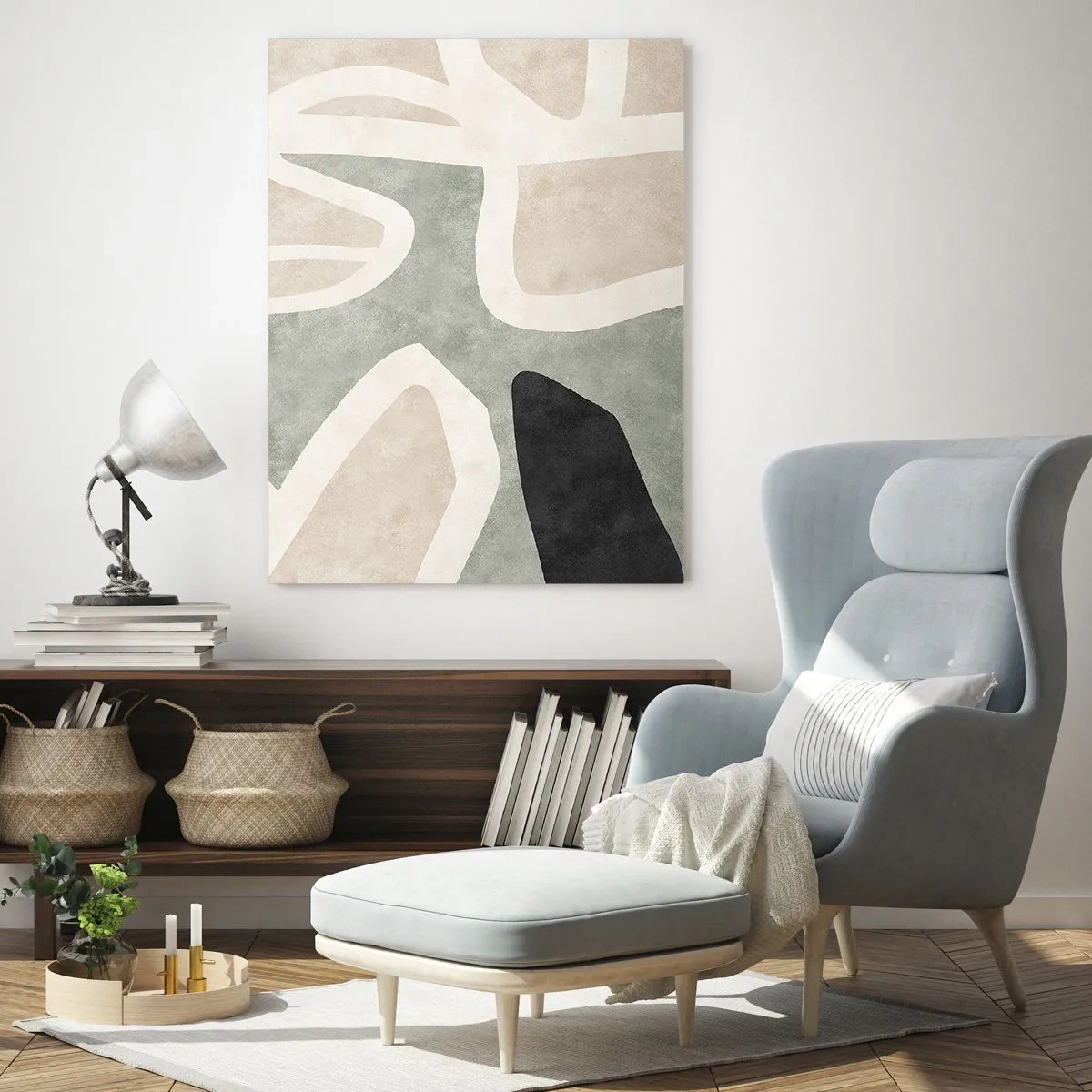 Cuadro sobre vidrio - Impresiones sobre Vidrio - Formas abstractas en beige y verde con un toque de negro. - 50x70cm - Composición con un toque negro - Decoración de pared moderna para salón y dormitorio ARTTOR