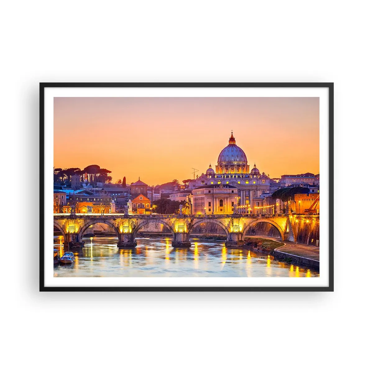Póster en marco negro - Panorama del Vaticano al atardecer con un puente sobre el río - 100x70cm - Crepúsculo sobre la Ciudad Eterna - Decoración de pared moderna para salón y dormitorio ARTTOR