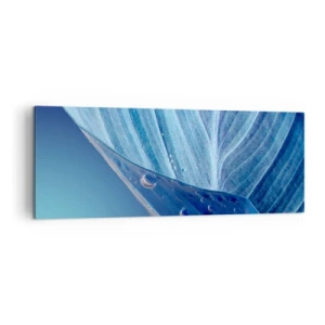 Cuadro sobre lienzo - Impresión de Imagen - Una hoja azul con gotas de agua visibles. - 140x50cm - Gotas ocultas de azul - Decoración de pared moderna para salón y dormitorio ARTTOR