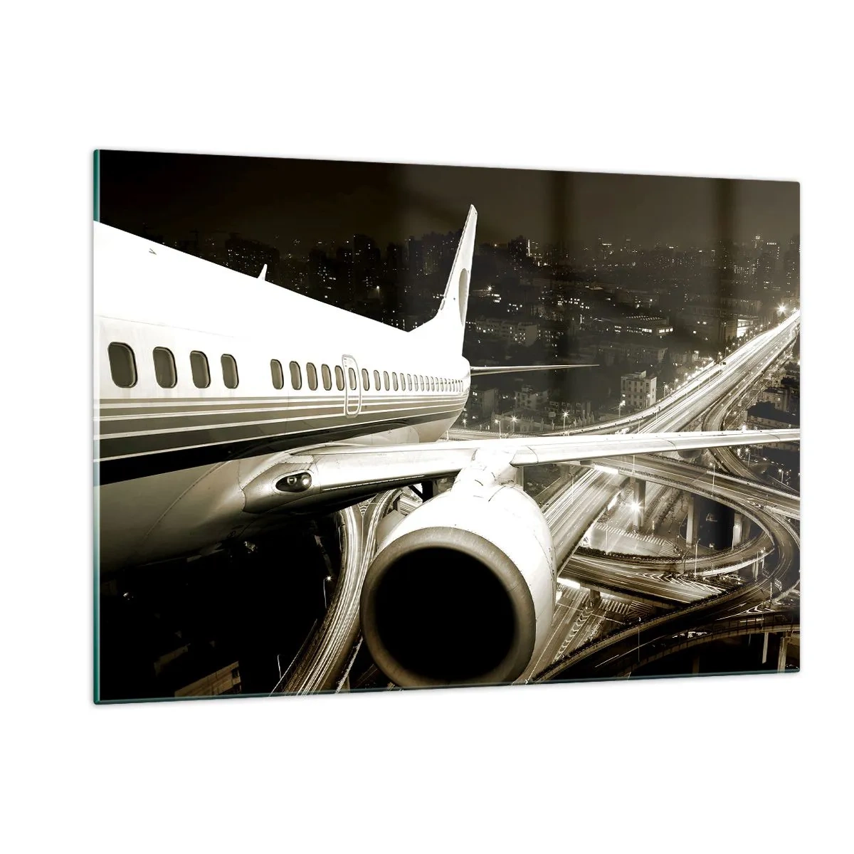 Cuadro sobre vidrio - Impresiones sobre Vidrio - Un avión sobre la ciudad por la noche con un ambiente industrial. - 120x80cm - Vuela hacia la noche - Decoración de pared moderna para salón y dormitorio ARTTOR