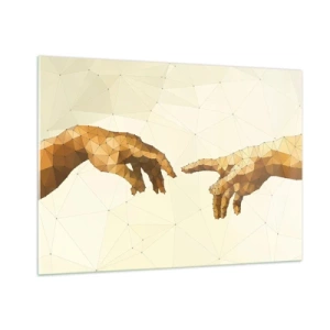 Cuadro sobre vidrio - Impresiones sobre Vidrio - Una versión estilizada de la pintura 'La creación de Adán' en técnica poligonal. - 100x70cm - Geometría divina - Decoración de pared moderna para salón y dormitorio ARTTOR