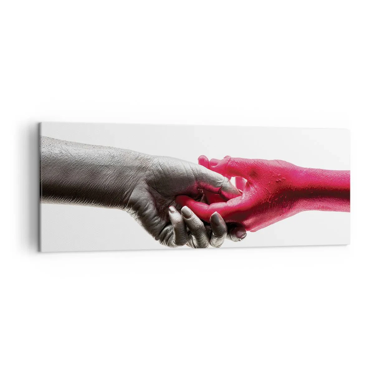 Cuadro sobre lienzo - Impresión de Imagen - Manos simbólicas en plata y rojo. - 140x50cm - Juntos, aunque diferentes - Decoración de pared moderna para salón y dormitorio ARTTOR