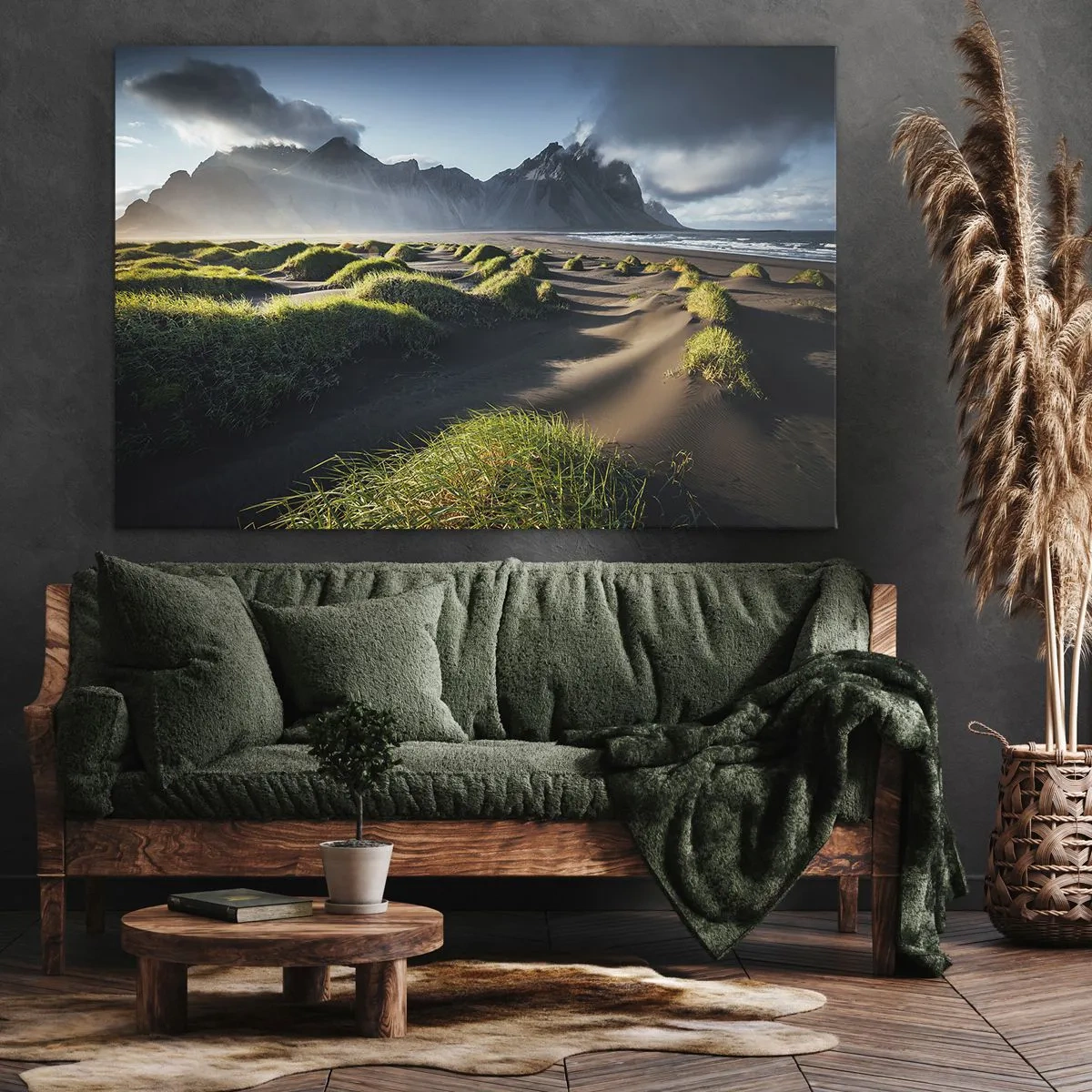 Cuadro sobre lienzo - Impresión de Imagen - Dunas verdes con fondo de montañas bajo un cielo azul - 120x80cm - Armonía de los elementos - Decoración de pared moderna para salón y dormitorio ARTTOR