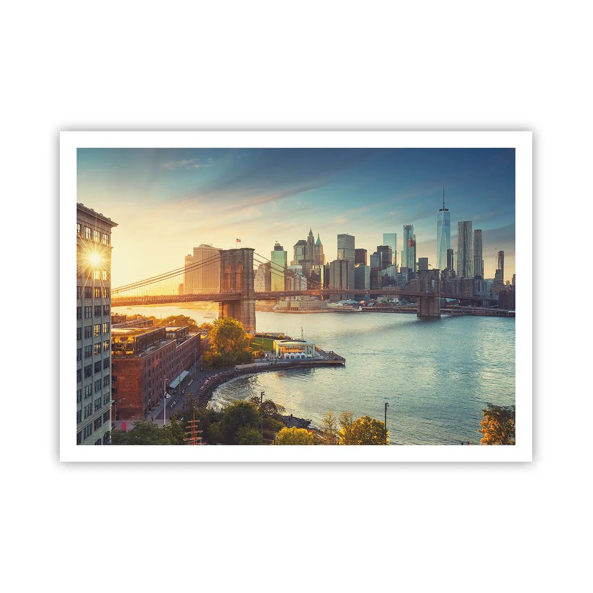 Póster - Panorama de la ciudad con el puente al atardecer - 100x70cm - El amanecer de la gran ciudad - Decoración de pared moderna para salón y dormitorio ARTTOR