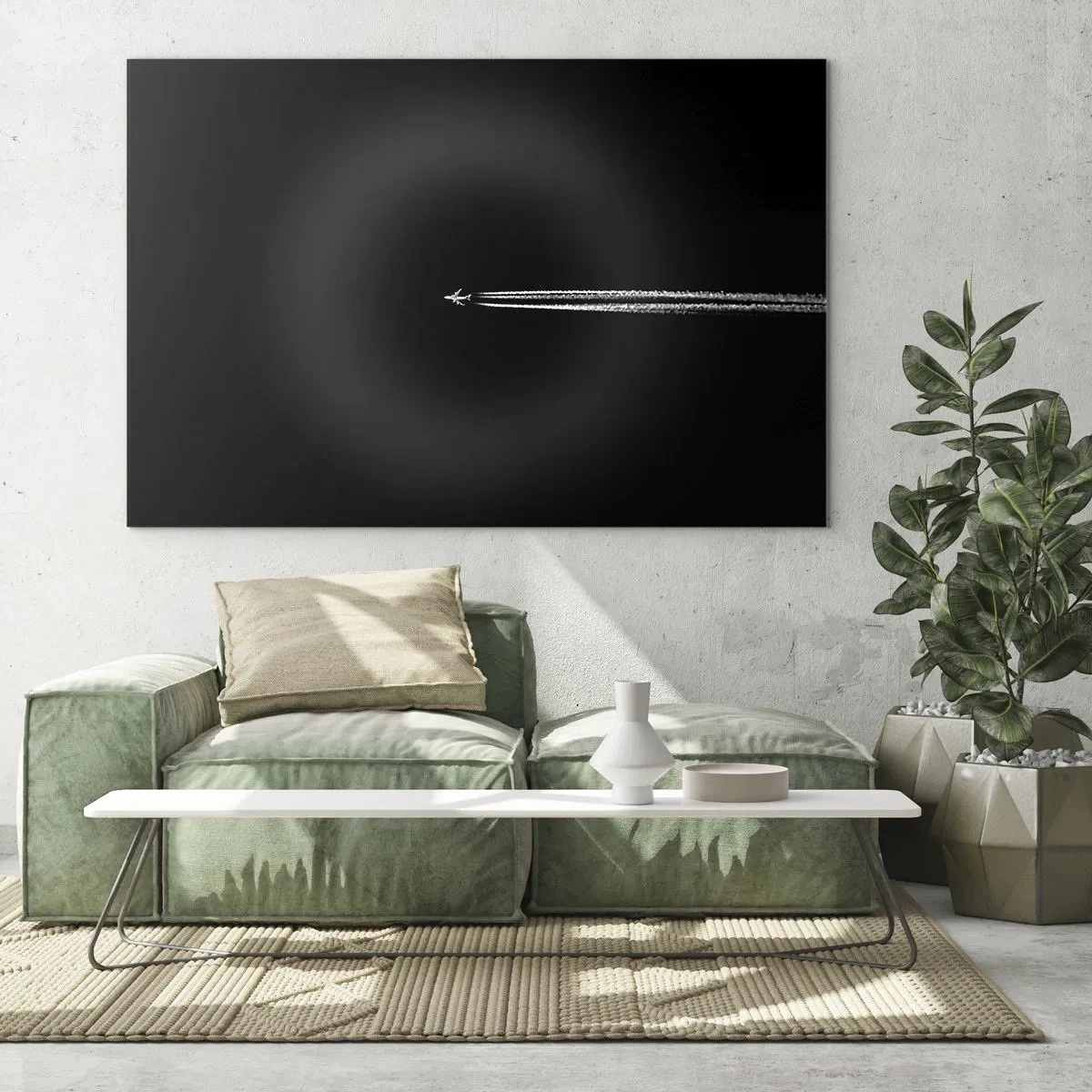Cuadro sobre vidrio - Impresiones sobre Vidrio - Un avión a reacción sobre un fondo negro con una estela de condensación. - 70x50cm - En otra dimensión - Decoración de pared moderna para salón y dormitorio ARTTOR