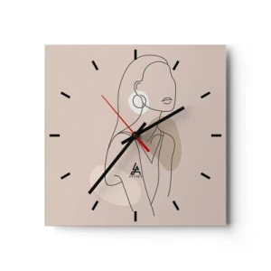 Reloj de pared - Reloj de vidrio - Ilustración minimalista de una mujer con contornos sobre un fondo beige. - 30x30cm - Un icono de la inocencia - Decoración de pared moderna para salón y dormitorio ARTTOR