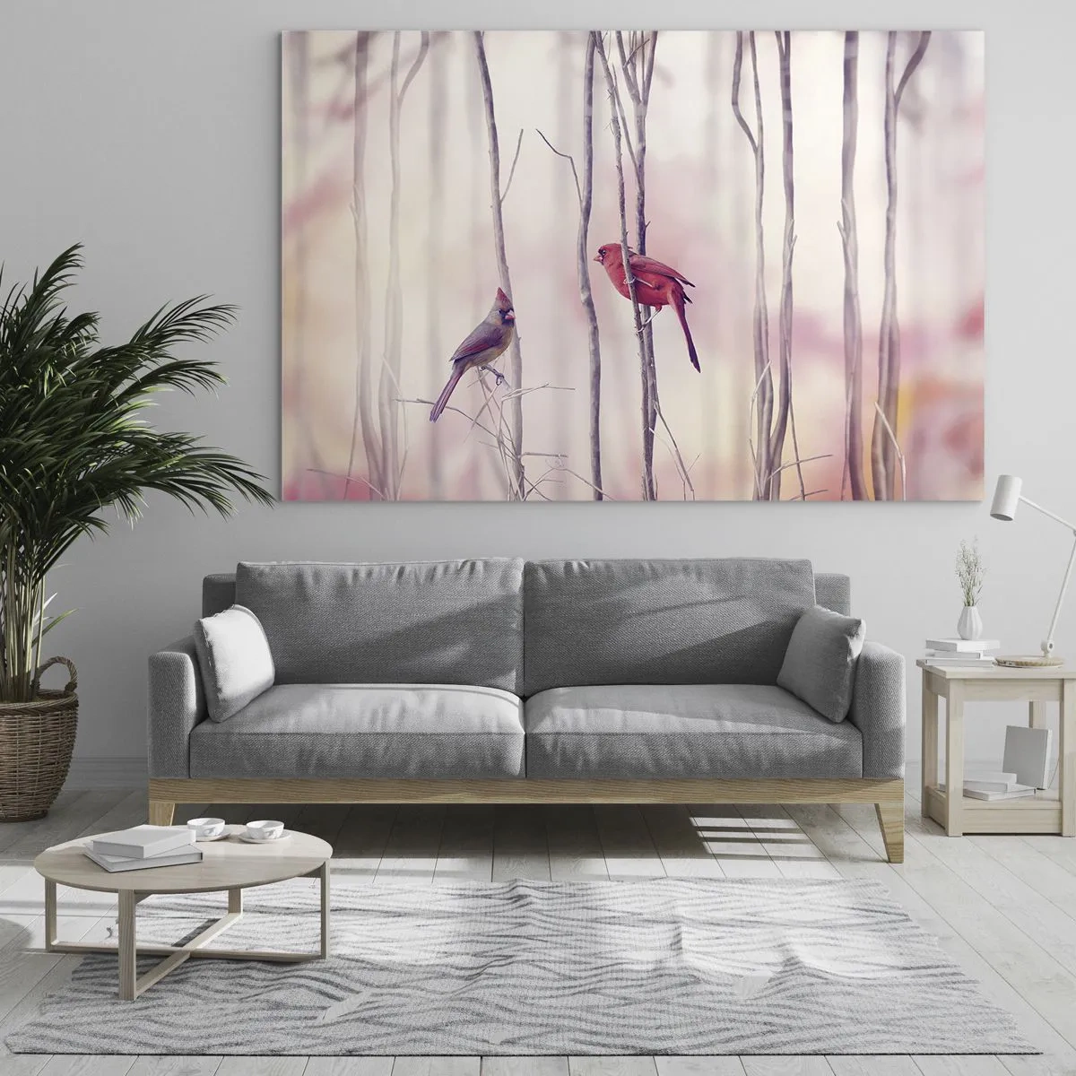 Cuadro sobre vidrio - Impresiones sobre Vidrio - Dos pájaros entre delicadas ramitas en tonos pastel - 100x70cm - Historia de un bosque rosa - Decoración de pared moderna para salón y dormitorio ARTTOR