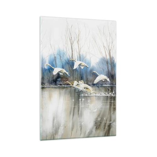 Cuadro sobre vidrio - Impresiones sobre Vidrio - Cisnes en vuelo sobre un lago congelado en un paisaje invernal - 80x120cm - Como en un cuento de cisnes salvajes - Decoración de pared moderna para salón y dormitorio ARTTOR