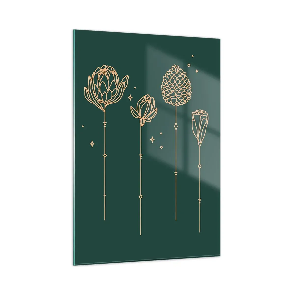 Cuadro sobre vidrio - Impresiones sobre Vidrio - Contornos dorados de hierbas y flores sobre un fondo verde oscuro. - 50x70cm - La familia vegetal - Decoración de pared moderna para salón y dormitorio ARTTOR