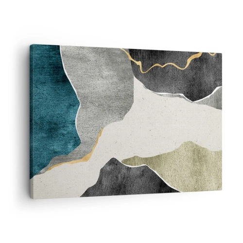 Cuadro sobre lienzo - Impresión de Imagen - Formas geométricas en tonos grises, verdes y dorados. - 70x50cm - Composición en mosaico con una hebra de oro - Decoración de pared moderna para salón y dormitorio ARTTOR