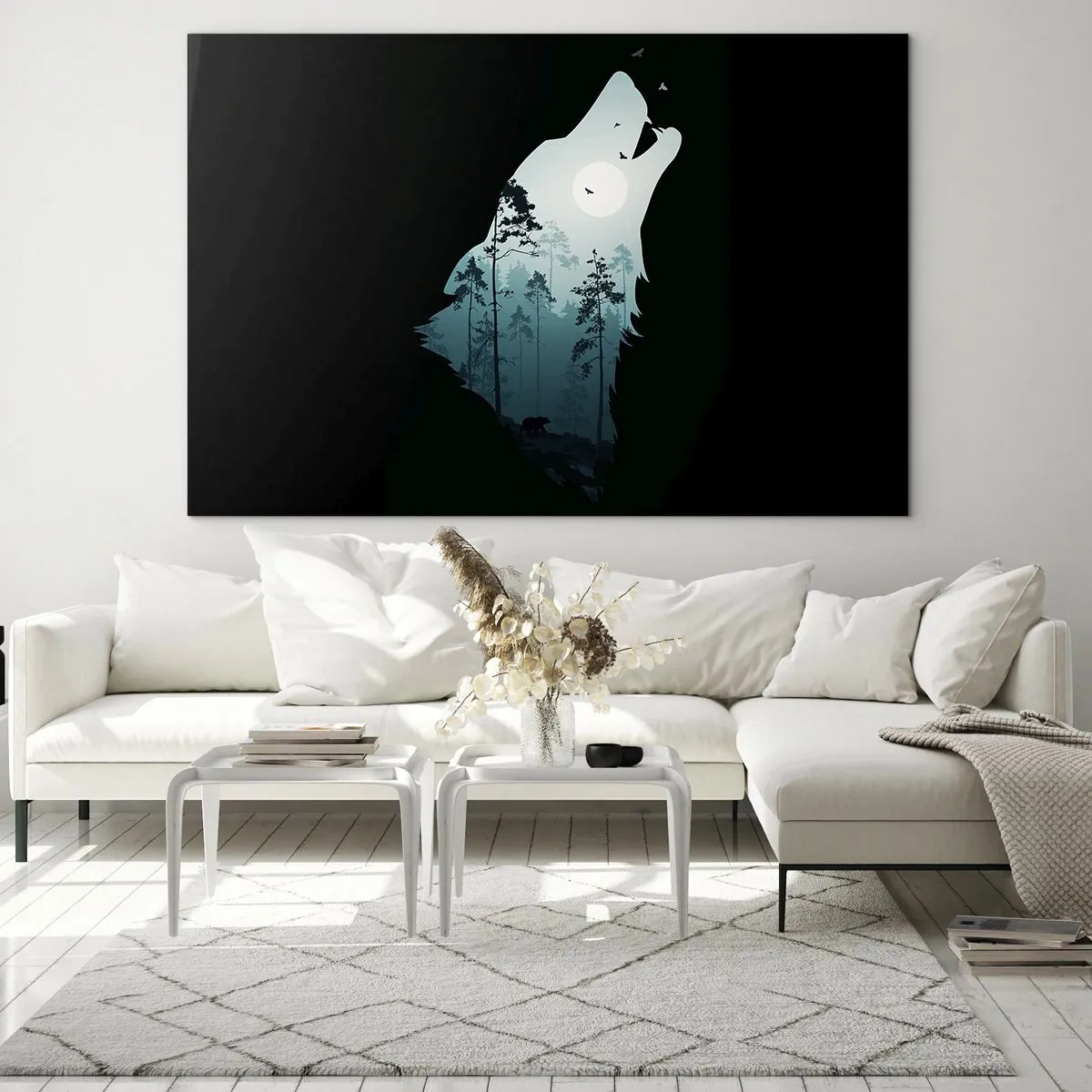 Cuadro sobre vidrio - Impresiones sobre Vidrio - Silueta de un lobo con un bosque y la luna al fondo sobre un fondo negro - 120x80cm - Voz de la noche del bosque - Decoración de pared moderna para salón y dormitorio ARTTOR