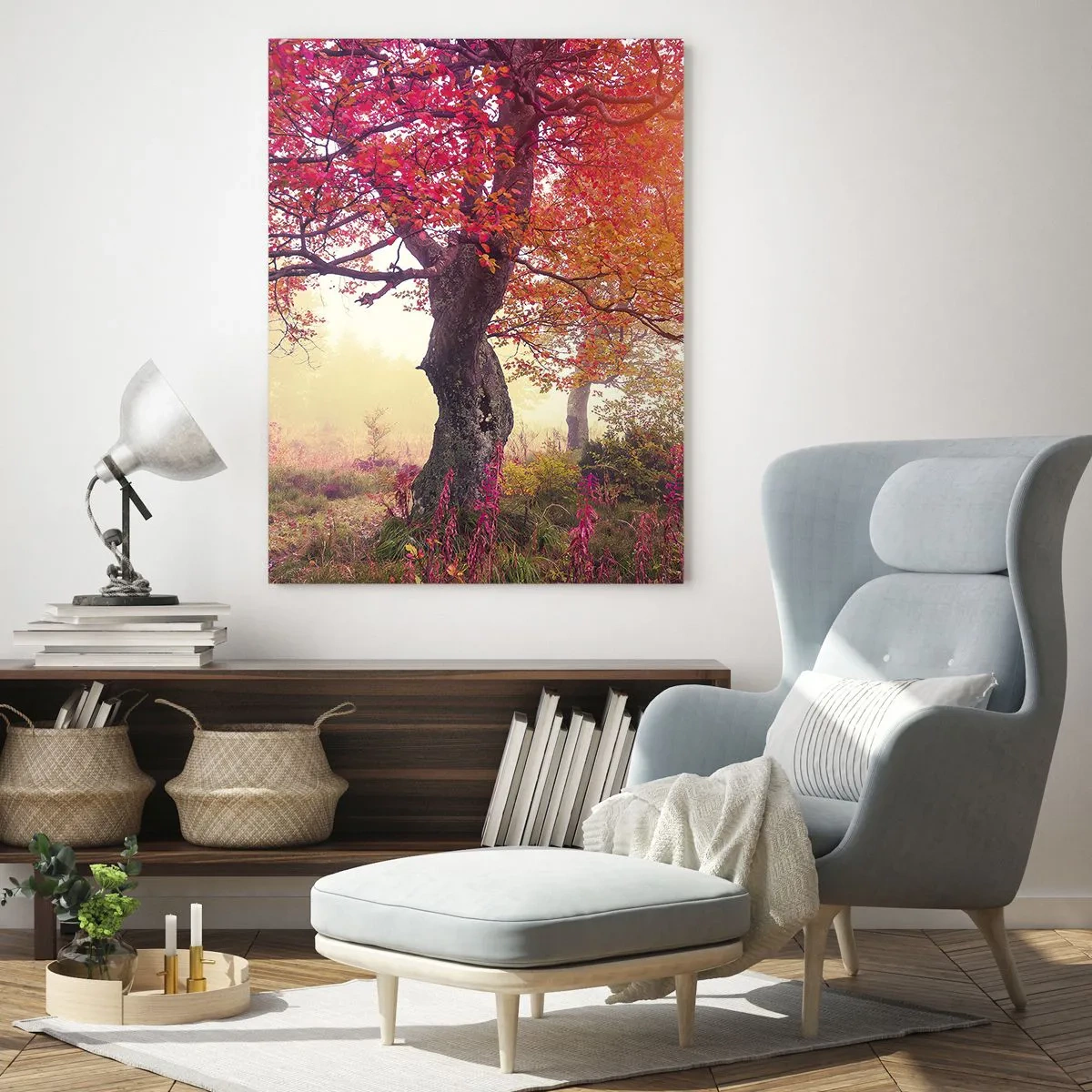 Cuadro sobre vidrio - Impresiones sobre Vidrio - Bosque otoñal con rayos de sol por la mañana. - 50x70cm - Un frenesí de floración - Decoración de pared moderna para salón y dormitorio ARTTOR