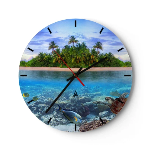 Reloj de pared - Reloj de vidrio - Una isla exótica con palmeras y un mundo submarino. - 30x30cm - Una isla paradisíaca te invita - Decoración de pared moderna para salón, cocina y dormitorio ARTTOR