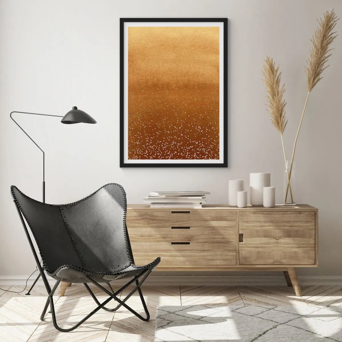 Póster en marco negro - Degradado dorado con pequeños elementos brillantes. - 50x70cm - Nacimiento de la luz - Decoración de pared moderna para salón y dormitorio ARTTOR