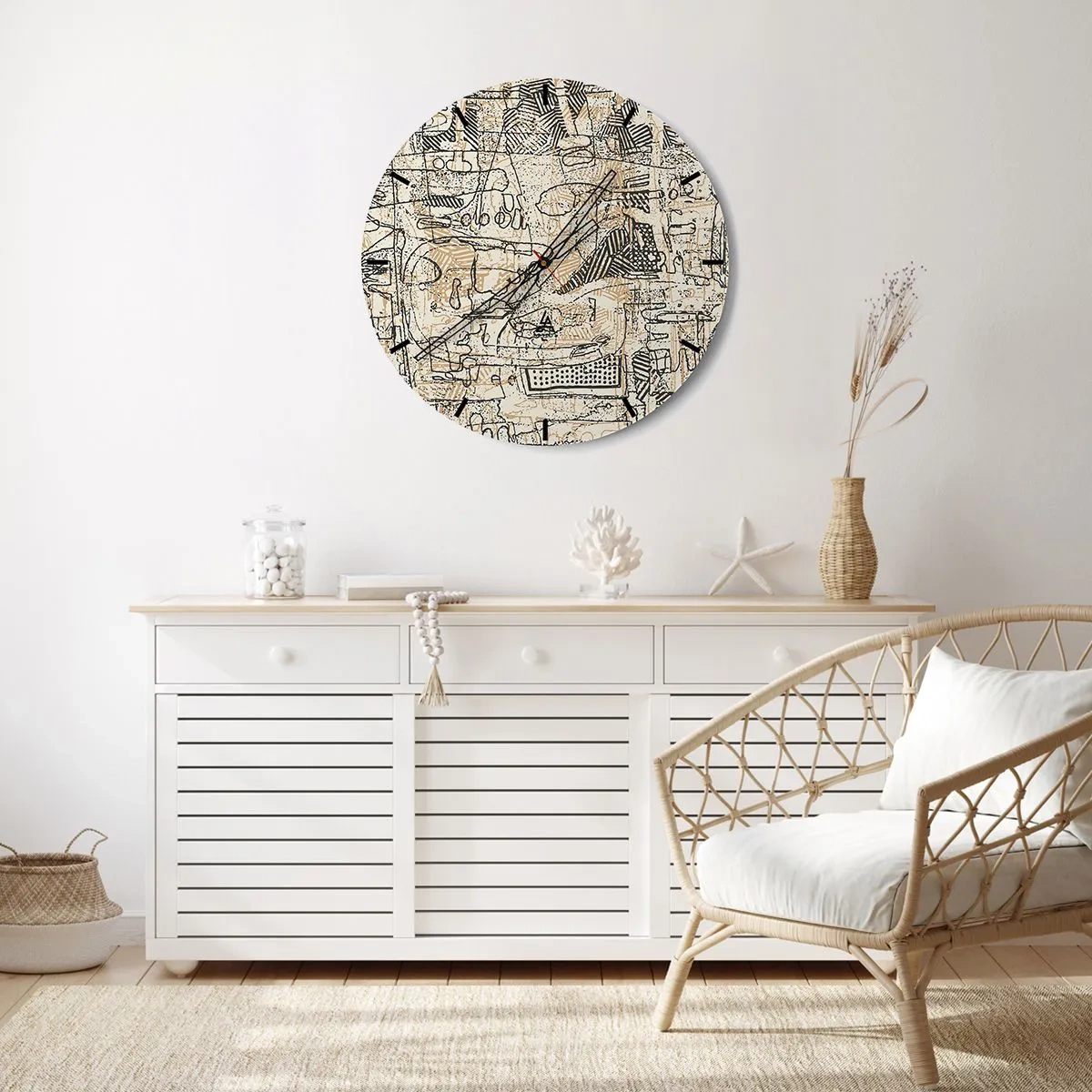Reloj de pared - Reloj de vidrio - Retrato de una mujer realizado con contornos de arte lineal sobre un fondo claro. - 30x30cm - A la espera de ser descifrado - Decoración de pared moderna para salón, cocina y dormitorio ARTTOR