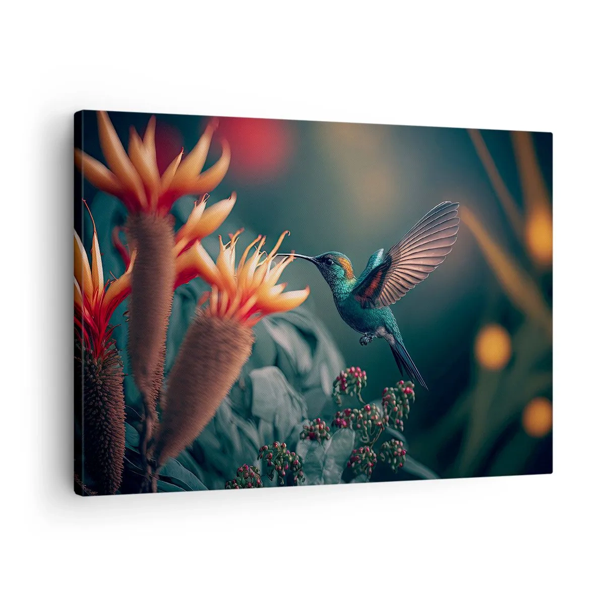 Cuadro sobre lienzo - Impresión de Imagen - Un colibrí colorido junto a las flores contra un fondo natural. - 70x50cm - Una vida verdaderamente colorida - Decoración de pared moderna para salón y dormitorio ARTTOR
