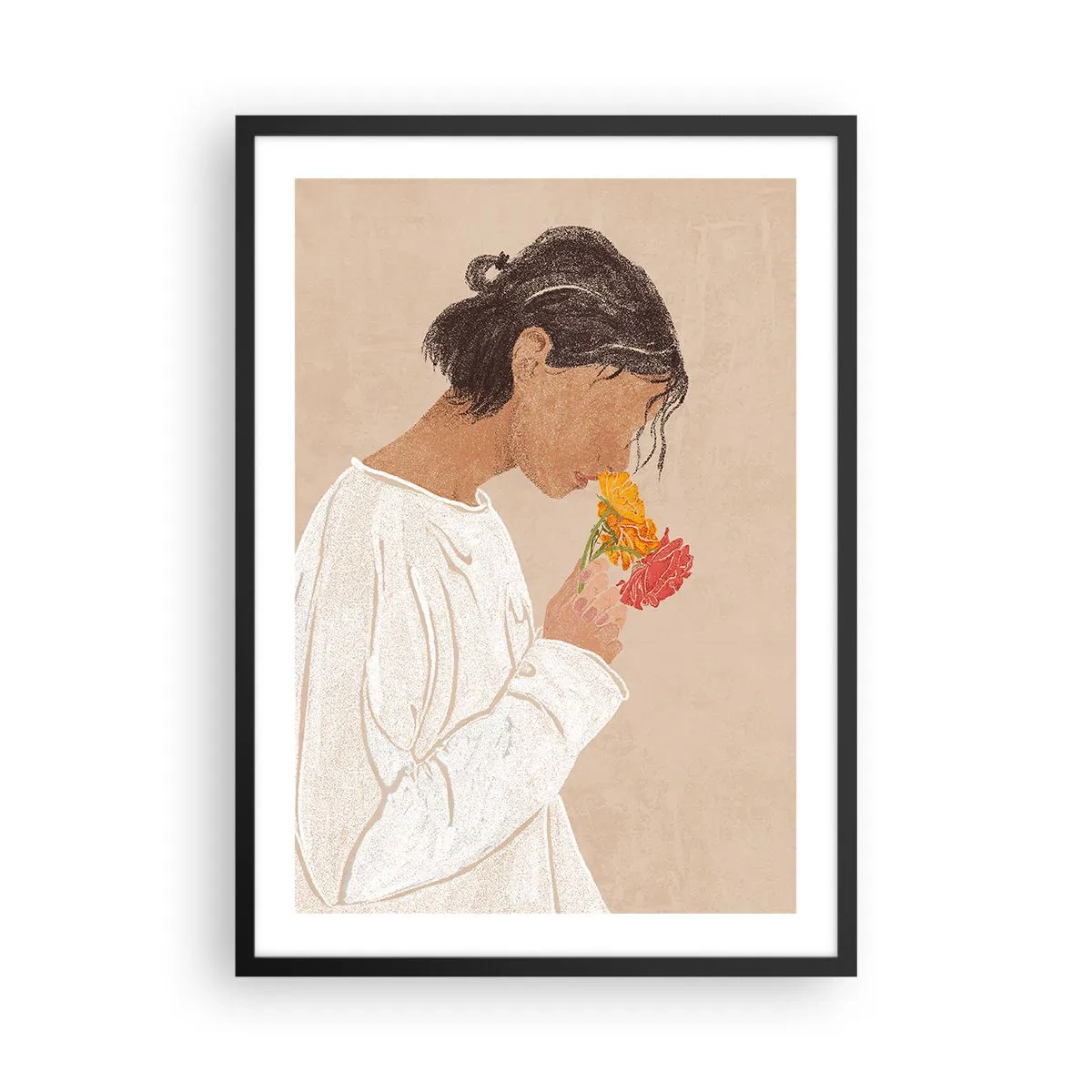 Póster en marco negro - Una mujer vestida de blanco reflexionando sobre las flores. - 50x70cm - Joven con flores - Decoración de pared moderna para salón y dormitorio ARTTOR