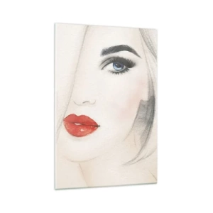 Cuadro sobre vidrio - Impresiones sobre Vidrio - Un retrato minimalista de una mujer con ojos azules y labios rojos. - 70x100cm - Hipnotiza y embriaga - Decoración de pared moderna para salón y dormitorio ARTTOR