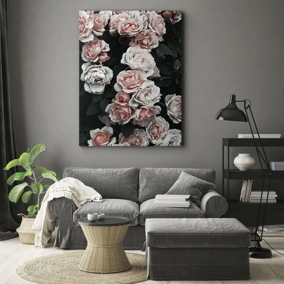 Cuadro sobre lienzo - Impresión de Imagen - Rosas rosadas sobre un fondo oscuro en una composición sutil. - 80x120cm - Conjunto de rosas - Decoración de pared moderna para salón y dormitorio ARTTOR