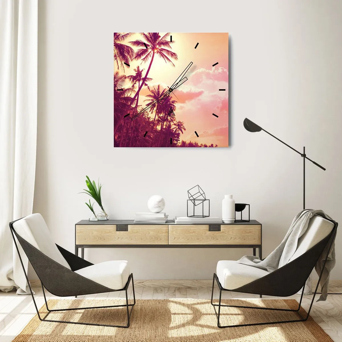 Reloj de pared - Reloj de vidrio - Palmeras iluminadas por el sol poniente en un cielo tropical - 30x30cm - Debes elegir - Decoración de pared moderna para salón y dormitorio ARTTOR