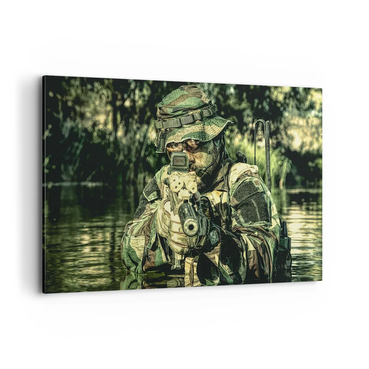 Cuadro sobre lienzo - Impresión de Imagen - Un soldado camuflado apunta a través del agua. - 120x80cm - El mejor de entre la élite - Decoración de pared moderna para salón y dormitorio ARTTOR