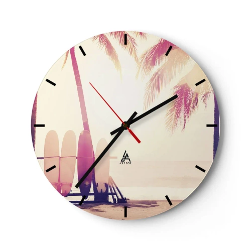 Reloj de pared - Reloj de vidrio - Tablas de surf y palmeras en la playa al amanecer - 30x30cm - Va a ser un gran día - Decoración de pared moderna para salón, cocina y dormitorio ARTTOR