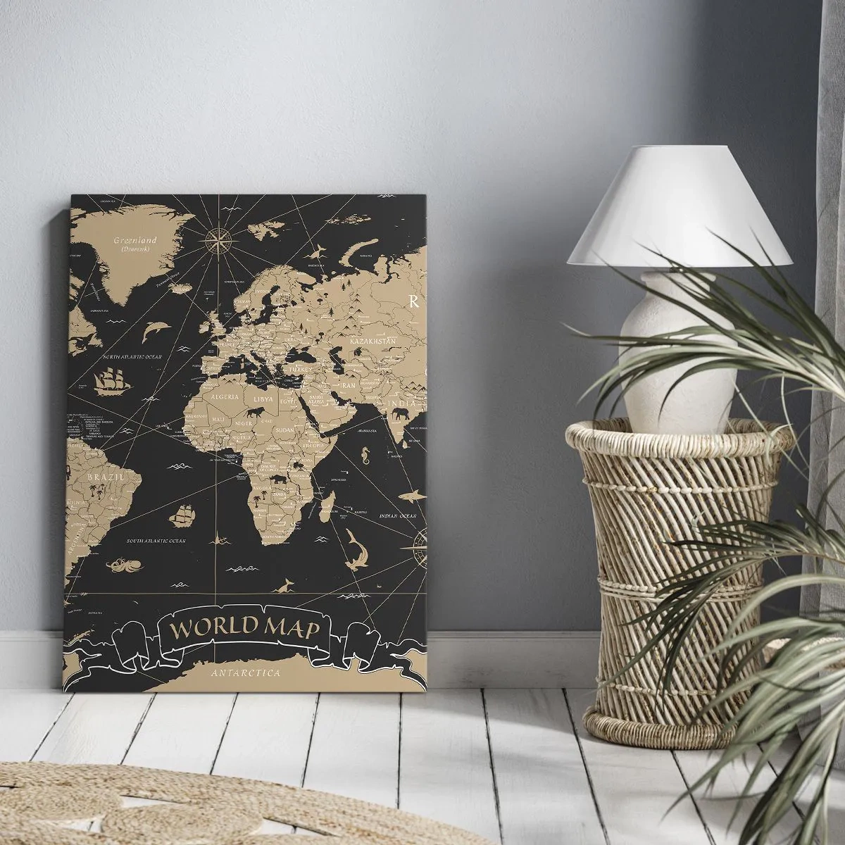 Cuadro sobre lienzo - Impresión de Imagen - Un mapa del mundo estilizado sobre un fondo negro con acentos beige. - 50x70cm - Las fronteras de mi mundo - Decoración de pared moderna para salón y dormitorio ARTTOR