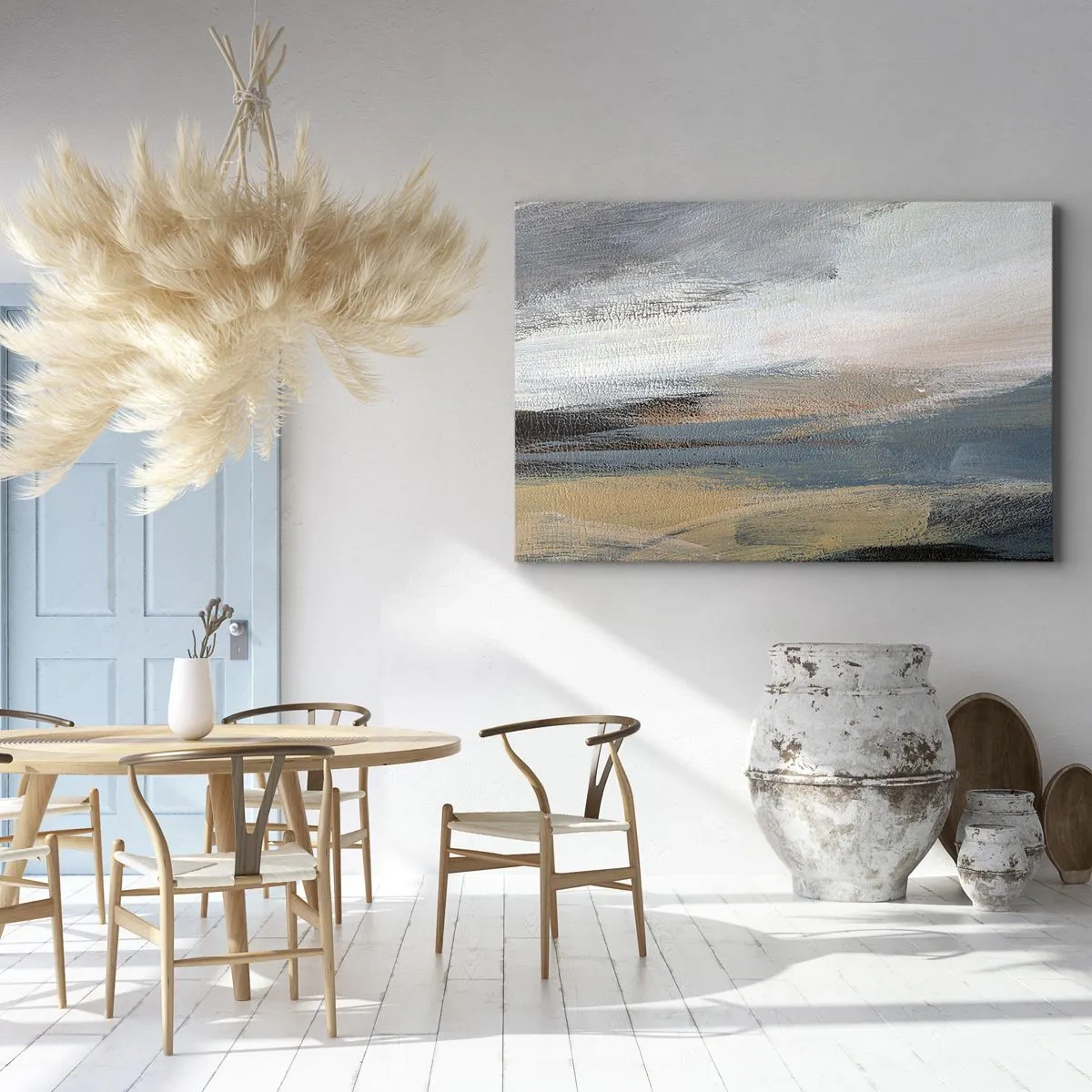 Cuadro sobre lienzo - Impresión de Imagen - Paisaje abstracto en tonos tenues de azul y beige. - 120x80cm - Abstracción: paisaje nórdico - Decoración de pared moderna para salón y dormitorio ARTTOR