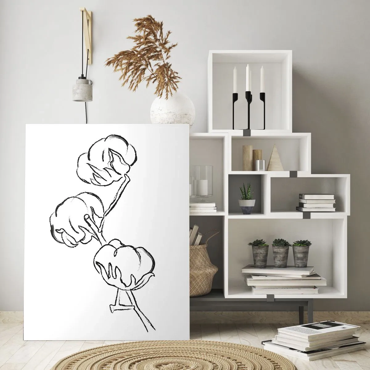 Cuadro sobre vidrio - Impresiones sobre Vidrio - Un delicado contorno de una rama de algodón sobre un fondo blanco. - 70x100cm - Plumón de algodón - Decoración de pared moderna para salón y dormitorio ARTTOR