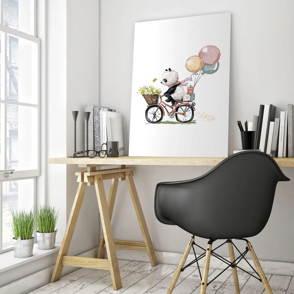 Cuadro sobre vidrio - Impresiones sobre Vidrio - Un panda montando en bicicleta con globos y una canasta de flores. - 50x70cm - Un día feliz - Decoración de pared moderna para salón y dormitorio ARTTOR
