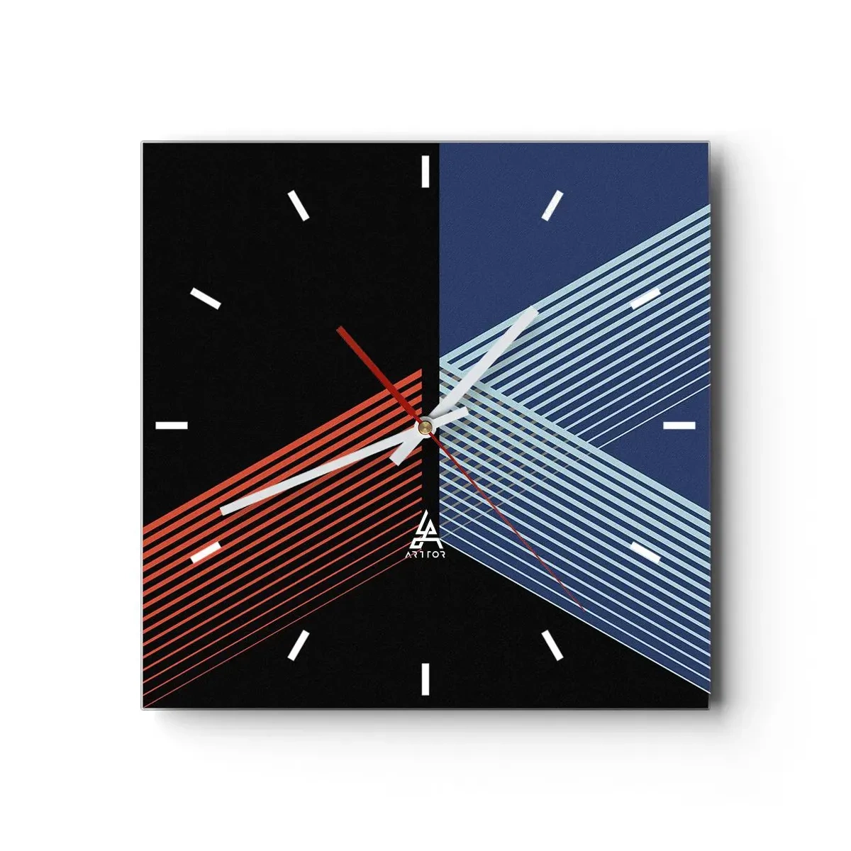 Reloj de pared - Reloj de vidrio - Líneas geométricas en tonos rojos y azules. - 30x30cm - La rectitud - Decoración de pared moderna para salón y dormitorio ARTTOR