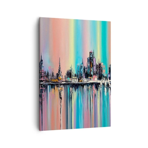 Cuadro sobre lienzo - Impresión de Imagen - Paisaje urbano colorido con reflejo en el agua - 50x70cm - Flota con la luz de la noche - Decoración de pared moderna para salón y dormitorio ARTTOR