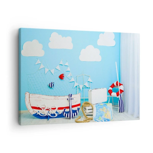 Cuadro sobre lienzo - Impresión de Imagen - Decoración náutica con barco y accesorios sobre fondo azul. - 70x50cm - El ansia de aventura de un niño - Decoración de pared moderna para salón y dormitorio ARTTOR