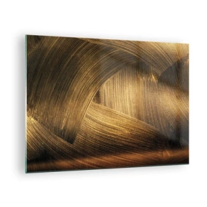 Cuadro sobre vidrio - Impresiones sobre Vidrio - Una pintura abstracta que representa líneas geométricas doradas sobre un fondo. - 70x50cm - En un laberinto de oro - Decoración de pared moderna para salón y dormitorio ARTTOR