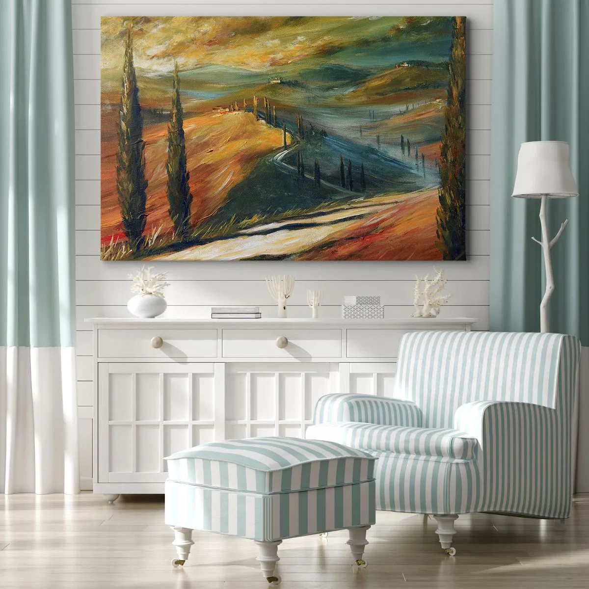 Cuadro sobre lienzo - Impresión de Imagen - Paisaje toscano con campos, camino y cipreses. - 70x50cm - Paisaje toscano - Decoración de pared moderna para salón y dormitorio ARTTOR