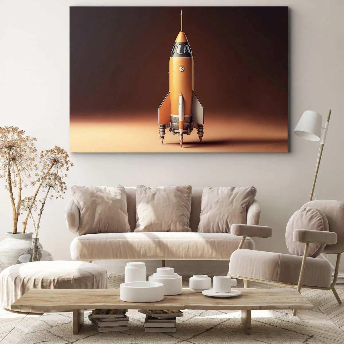 Cuadro sobre lienzo - Impresión de Imagen - Un cohete de estilo retro sobre un fondo de tonos marrones. - 70x50cm - Comienza con un sueño - Decoración de pared moderna para salón y dormitorio ARTTOR
