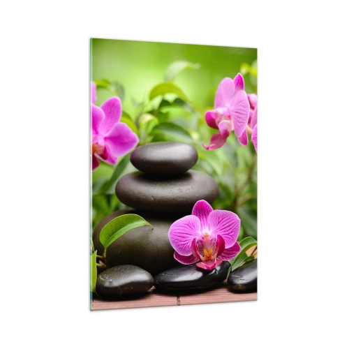 Cuadro sobre vidrio - Impresiones sobre Vidrio - Orquídeas rosas con piedras sobre un fondo verde. - 70x100cm - Una pirámide de paz - Decoración de pared moderna para salón y dormitorio ARTTOR