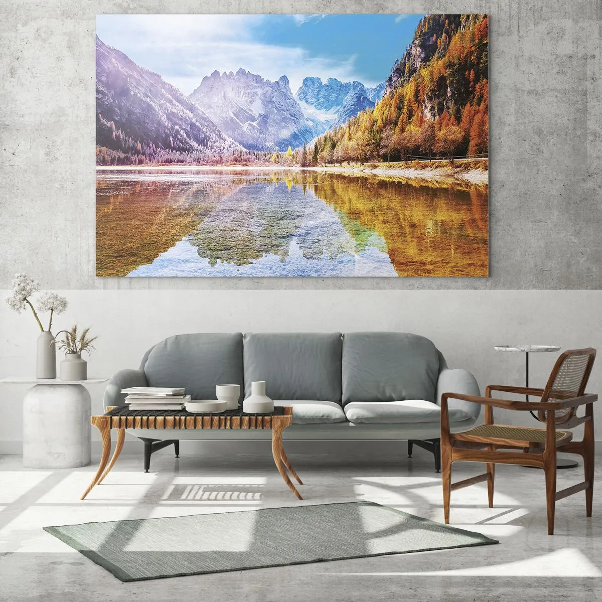 Cuadro sobre vidrio - Impresiones sobre Vidrio - Montañas otoñales reflejadas en el lago, rodeadas de árboles coloridos. - 120x80cm - Ya es otoño en las montañas - Decoración de pared moderna para salón y dormitorio ARTTOR