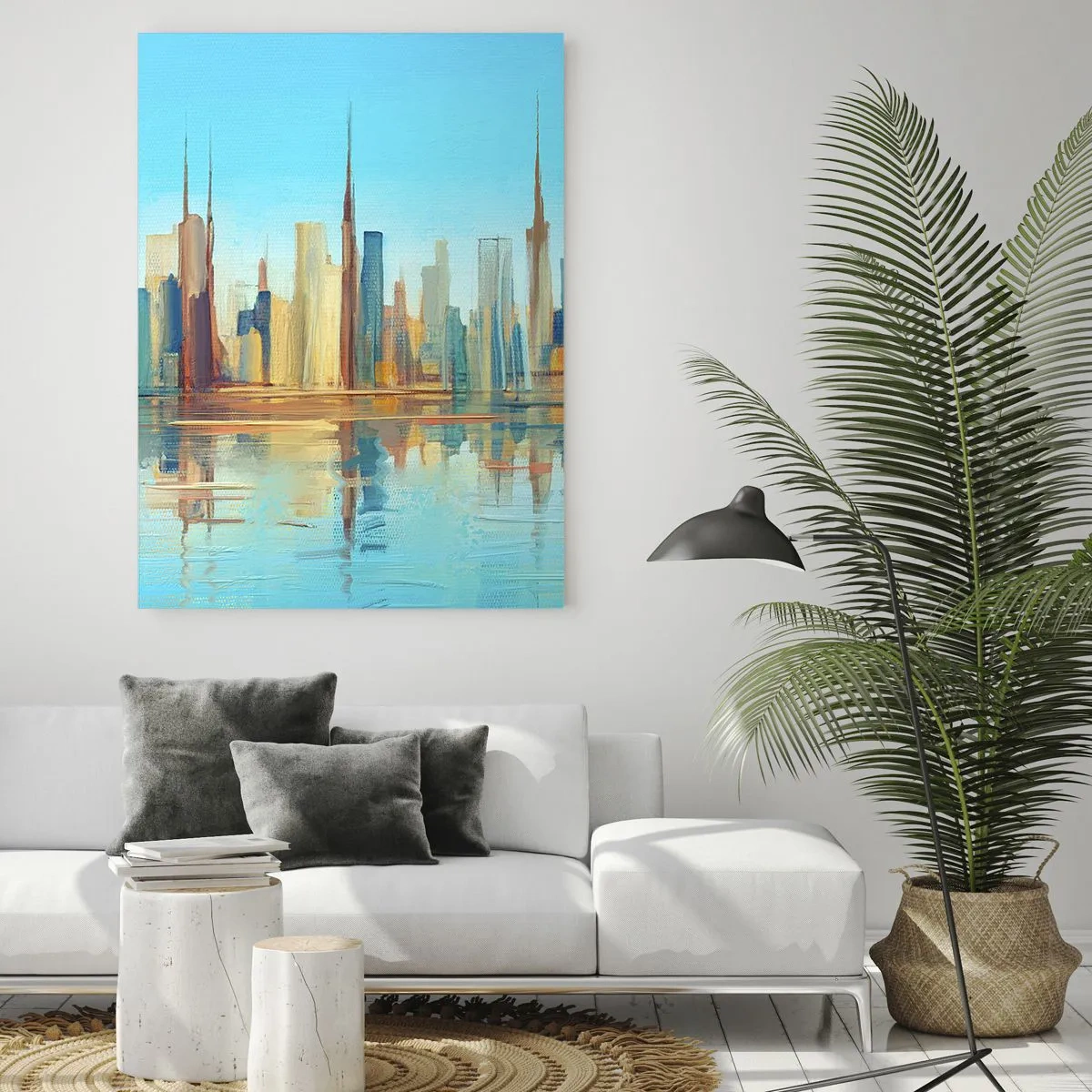 Cuadro sobre vidrio - Impresiones sobre Vidrio - Un panorama de la metrópolis reflejada en el agua bajo un cielo azul. - 50x70cm - Metrópolis soleada - Decoración de pared moderna para salón y dormitorio ARTTOR
