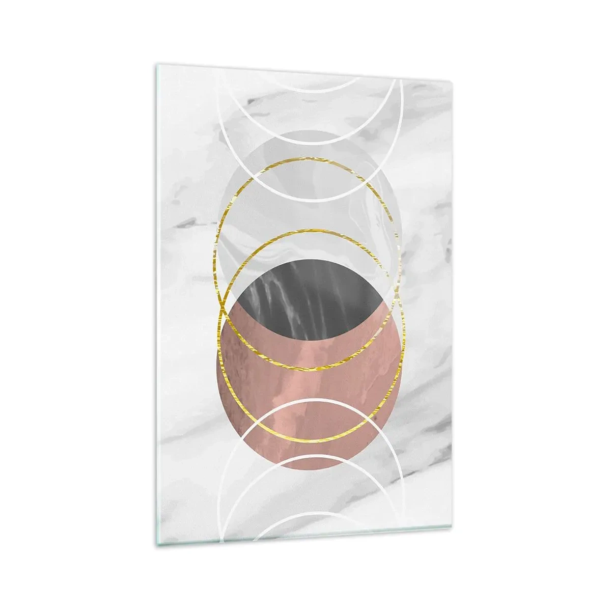 Cuadro sobre vidrio - Impresiones sobre Vidrio - Composición geométrica abstracta con círculos y detalles metálicos. - 80x120cm - Música de las esferas - Decoración de pared moderna para salón y dormitorio ARTTOR